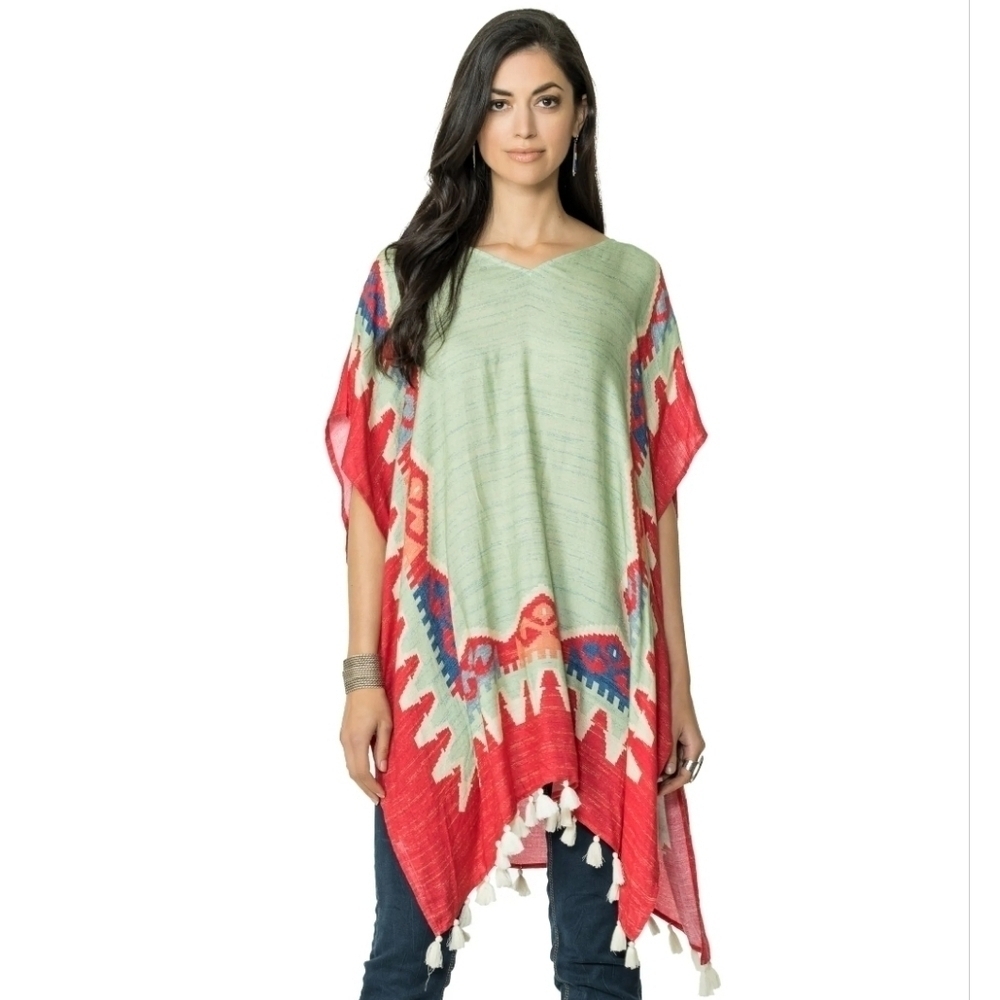 Double D Ranch Green Aztec Print Love The World Away Poncho Size L/XL